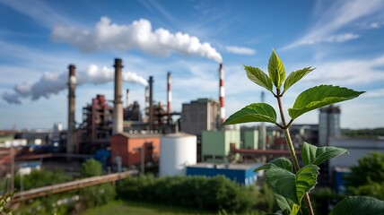 Fototapeta premium A lush green plant stands tall in foreground, symbolizing environmental protection and eco-friendly practices against background of polluting industrial factory