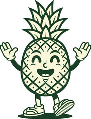 Extremely Happy Retro Cartoon Pineapple Mascot Character with Arms Raised in Celebration, Symbolizing Tropical Joy, Summer Holidays, Healthy Fruit, and Vintage Style Food Graphic Design.