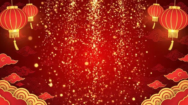 Vibrant red background with golden glitter, traditional Chinese lanterns, and auspicious clouds, symbolizing celebration and prosperity.