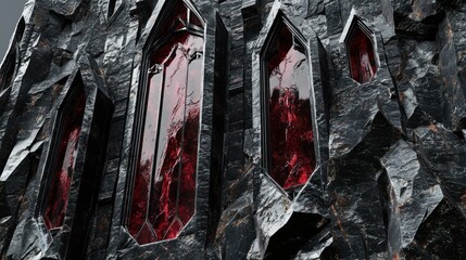  A gothic Transylvanian castle, built from jagged black obsidian with deep red garnet crystal windows
