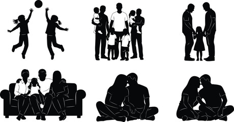 Family and Couples Silhouette Vector Set, People Bonding, Children Playing, Parents with Kids, Couples Relaxing on Couch and Sitting, Black and White Graphic Illustration.