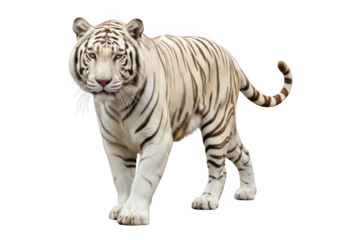 Majestic white tiger walking forward with confident stride on transparent background, showcasing its striking features and beauty.