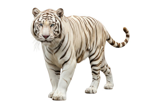 Majestic white tiger walking forward with confident stride on transparent background, showcasing its striking features and beauty.