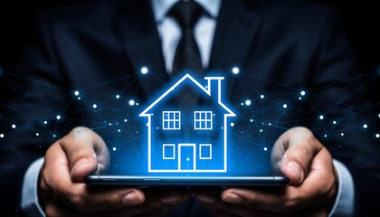 Businessperson in a dark suit holding a smartphone with a vibrant blue glowing digital house hologram emerging from it, accompanied by a network of interconnected light points representing smart tech