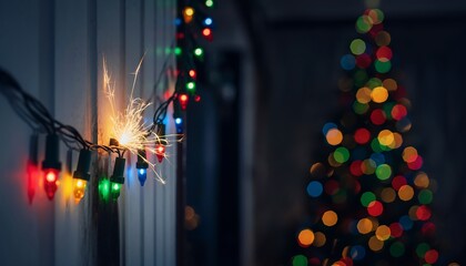 Close-up of a vibrant string of colorful Christmas lights, with one light sparking intensely, strung against a white wooden wall, festive bokeh Christmas tree blurred in background