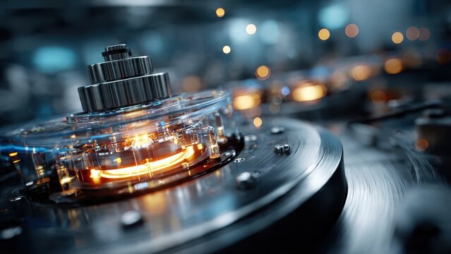 Close-up of high-tech electric motor with blue lighting and motion blur background