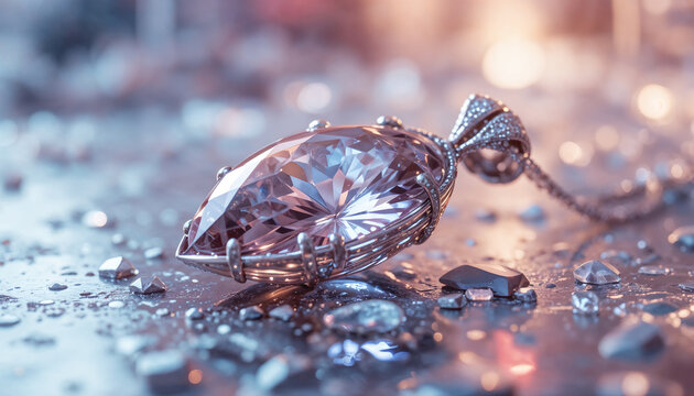 Mystical Pink Lavender Gemstone Pendant Necklace on Wet, Ice-like Surface