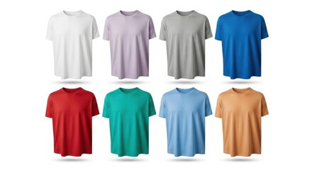 Set of eight blank tshirts in different colors mockup on white background