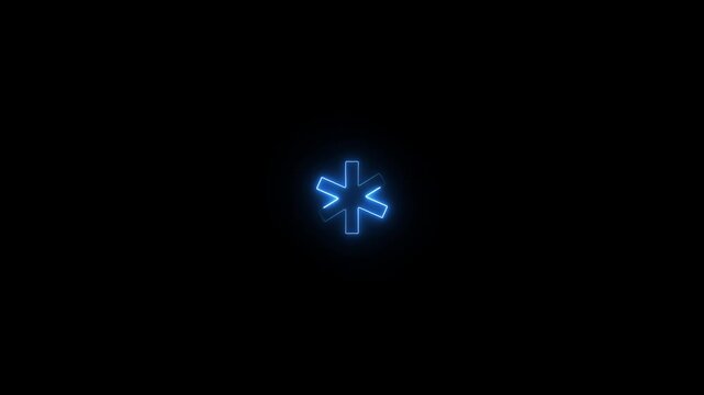 Glowing neon asterisk badge icon glowing black background animation