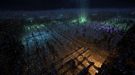 City Lights at Dusk: A mesmerizing aerial view showcases a sprawling urban landscape illuminated by the radiant glow of countless lights as twilight descends.