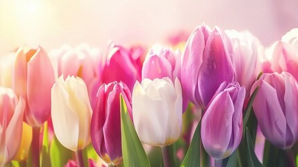 Fototapeta premium Vibrant Pink, Purple, and White Tulips Bathed in Golden Sunlight, Symbolizing Spring's Gentle Beauty and Renewal