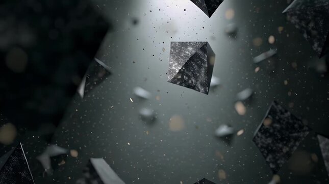 Abstract dark geometric shapes float and rotate against a moody black background with subtle sparkling particles creating a dynamic and futuristic visual effect for design projects