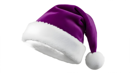 Purple Santa Hat Product Shot with White Fluffy Trim and Pompom isolated PNG with Transparent Background