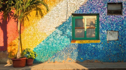 A vibrant favela building, walls constructed from a mosaic of recycled glass bottles, creating a rainbow effect when light hits