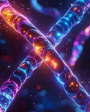 An abstract depiction of DNA strands glowing in vibrant colors, illustrating the complexity of genetics and molecular structures. spin video
