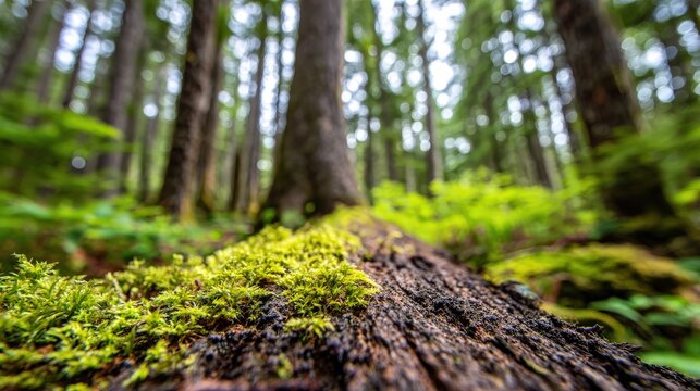 Low angle view captures vibrant green moss growing on a fallen log within a dense forest setting