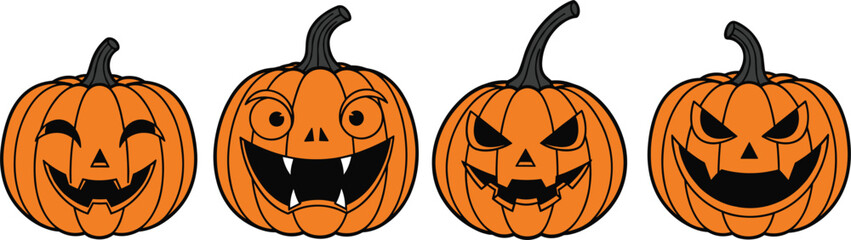 Halloween pumpkin face set with scary spooky and funny jack o lantern expressions cartoon flat vector illustration