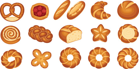Fresh bakery bread and pastry assortment with pretzel, croissant, rolls, buns, and artisan baked goods vector illustration