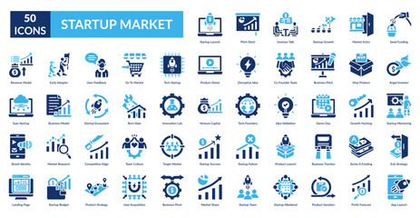 Startup Market Fill Icon Set. Startup Launch, Pitch Deck, Investor Talk, Startup Growth, Market Entry, Seed Funding, Angel Investor