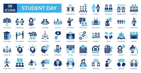 Student Day Fill Icon Set. Student Celebration, Campus Parade, School Spirit, Happy Learners, Graduation Cheers, Learning Fest, Academic Pride