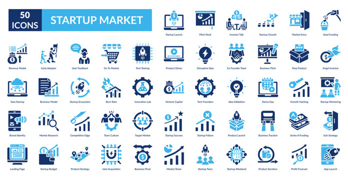 Startup Market Fill Icon Set. Startup Launch, Pitch Deck, Investor Talk, Startup Growth, Market Entry, Seed Funding, Angel Investor