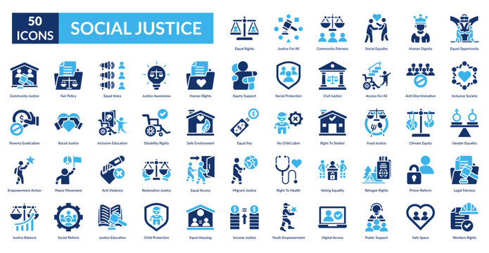 Social Justice Fill Icon Set. Equal Rights, Justice For All, Community Fairness, Social Equality, Human Dignity, Equal Opportunity, Inclusive Society