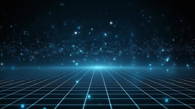 Futuristic digital grid technology with floating light particles on a dark blue background