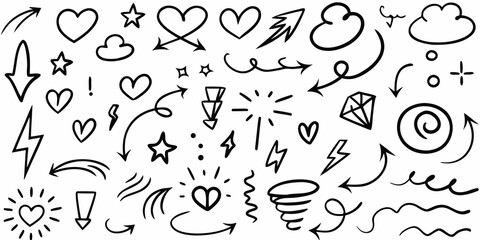 Collection of hand drawn doodles including hearts stars arrows and decorative elements