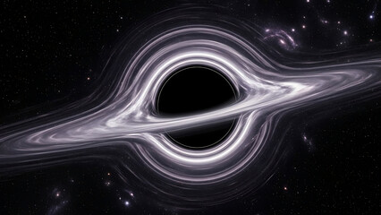Black hole with swirling white accretion disk in starry outer space featuring stars galaxy cosmos