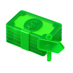 3D Neon Green Stack of Money with Direction Arrow Representing Money Transfer
