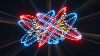 Molecular structure with atoms and electrons orbiting nucleus in red and blue in molecule orbitals science