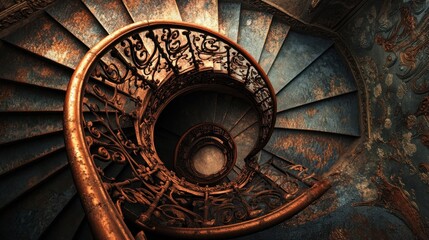 A spiraling, wrought iron staircase, elegant curves, vintage design