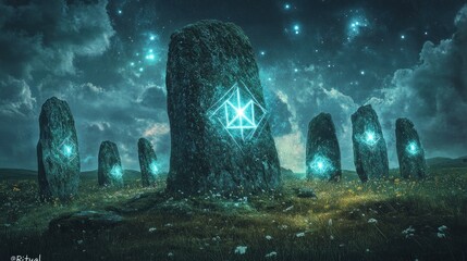 "Ritual" shown as glowing geometric patterns of energy flowing between ancient, unmarked, moss-covered standing stones under a starry sky