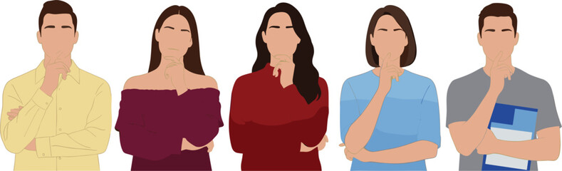 People thinking and decision making concept with diverse men and women characters in thoughtful pose flat vector