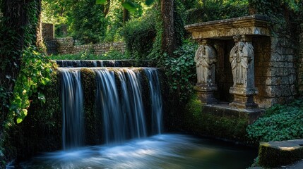 Serene waterfall by an abandoned, overgrown temple ruin, stone carvings peeking through ivy, mystical atmosphere, golden hour