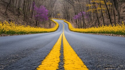 Scenic winding road flanked by yellow wildflowers and purple blooming trees in spring forest