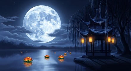 Serene night scene depicts a glowing full moon over a tranquil lake featuring an illuminated oriental pavilion and floating blossoms