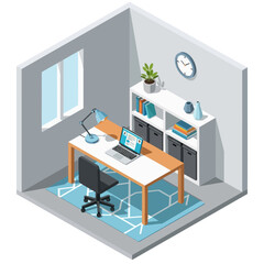 Isometric Office Workspace with Computer and Chair.