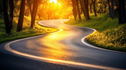 Winding Forest Road Bathed in Golden Sunlight at Sunset/Sunrise, Serene Nature Drive