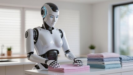 A humanoid robot carefully folds clean laundry on a table in a bright, modern home, illustrating the future of household automation