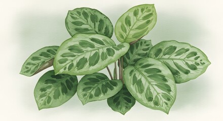 Watercolor painting of a Calathea plant with patterned green leaves on a light background