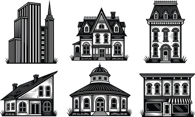 Fototapeta premium Diverse Vector Building Collection, Vintage House Illustrations and Skyscraper Graphic, Old Town Victorian Home, Urban Storefront, and Modern Architectural Elements Set.