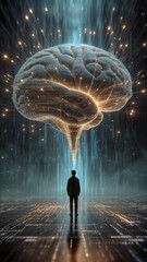 A solitary human figure stands beneath a vast, luminous digital brain suspended in midair, formed from glowing data streams, neural pathways, and cascading particles of light.