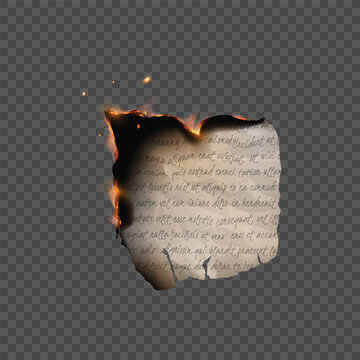Vector illustration of a burning piece of paper with handwritten text.