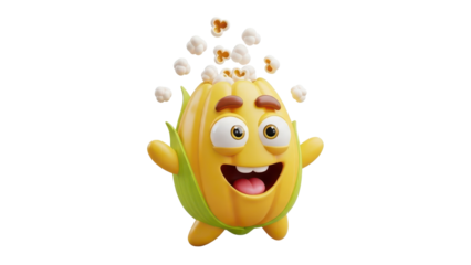 Happy Yellow Corn Character with Popcorn Falling on Head 3D Illustration isolated PNG with Transparent Background