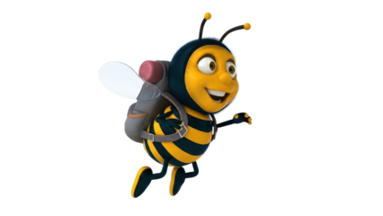 Cartoon Bee Character with Backpack Flying isolated PNG with Transparent Background