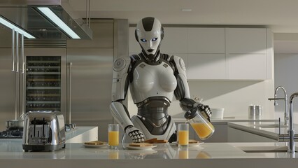A humanoid robot with a refined, futuristic appearance is preparing breakfast in a modern, minimalist kitchen