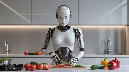 A humanoid robot prepares fresh vegetables in a sleek, modern kitchen, illustrating the integration of artificial intelligence and robotics into everyday life.