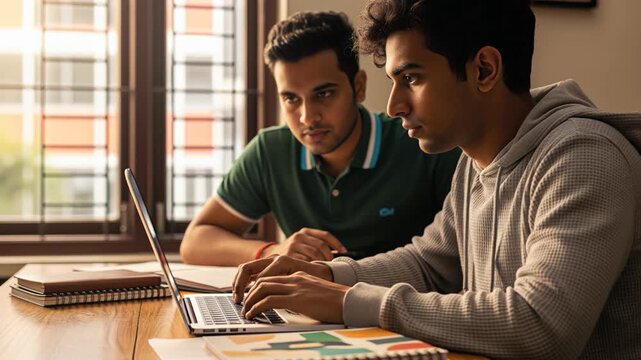 Two Young Men Studying Together on Laptop at Home