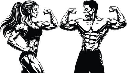 Highly detailed black and white illustration of a fit man and woman bodybuilder flexing biceps, symbolizing strength, fitness, competition, and healthy active lifestyle vector graphic.
